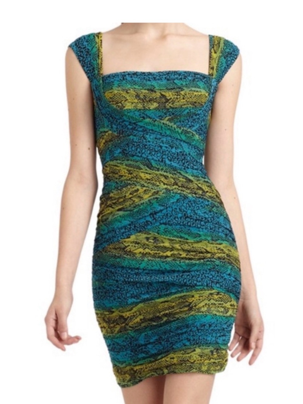 BCBGMaxAzria Blue & Lime Square-Neck Bodycon Snake Print Mini Dress